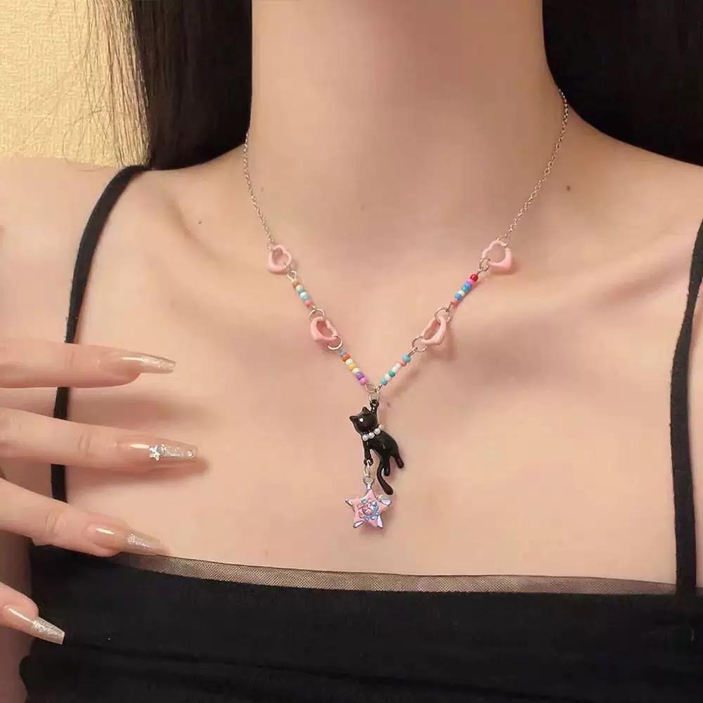 Cute Black Cat Pendant Necklace with Pink Hearts